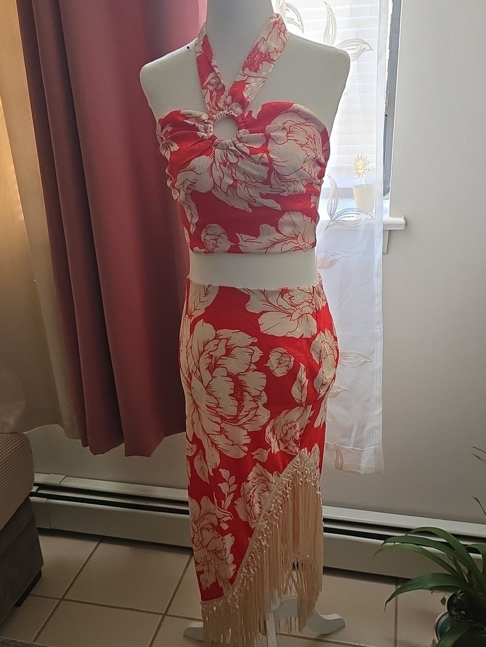 Rachel Zoe Red and Cream Floral Asymmetrical Fringe Midi Skirt